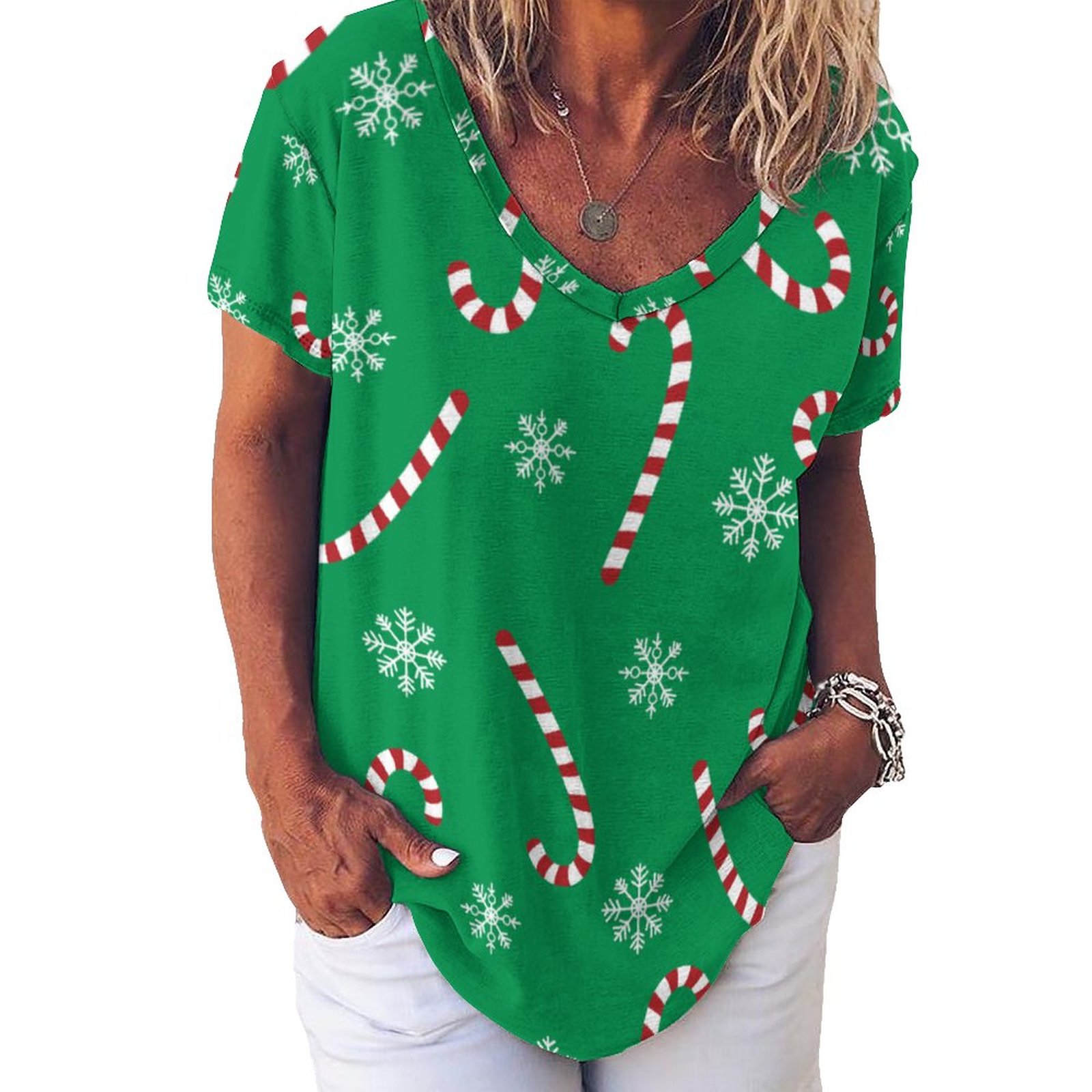 Modern Christmas Holiday Candy Cane Snow Women T Shirts Basic V-Neck Tee Loose Vintage Fitting Oversize Short Sleeve Tops-Charlylifestyle