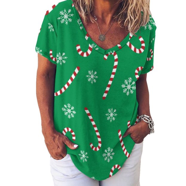 Modern Christmas Holiday Candy Cane Snow Women T Shirts Basic V-Neck Tee Loose Vintage Fitting Oversize Short Sleeve Tops-Charlylifestyle