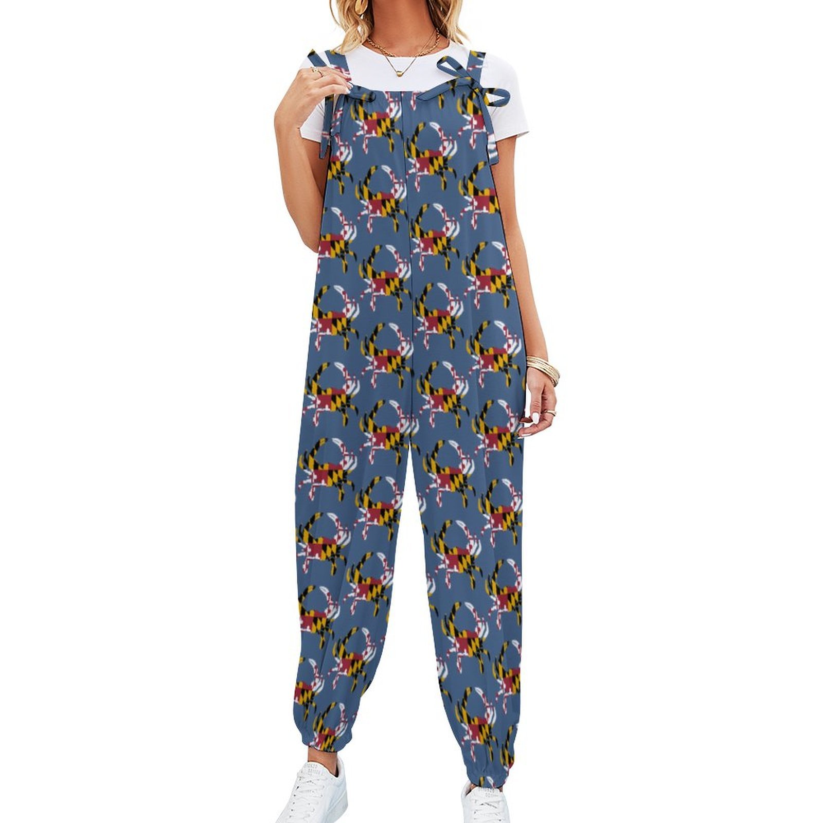 Women Maryland Flag Blue Crab Print Loose Fit Baggy Harem Overall Jumpsuit Tie Spaghetti Strap Casual Long Pants Rompers