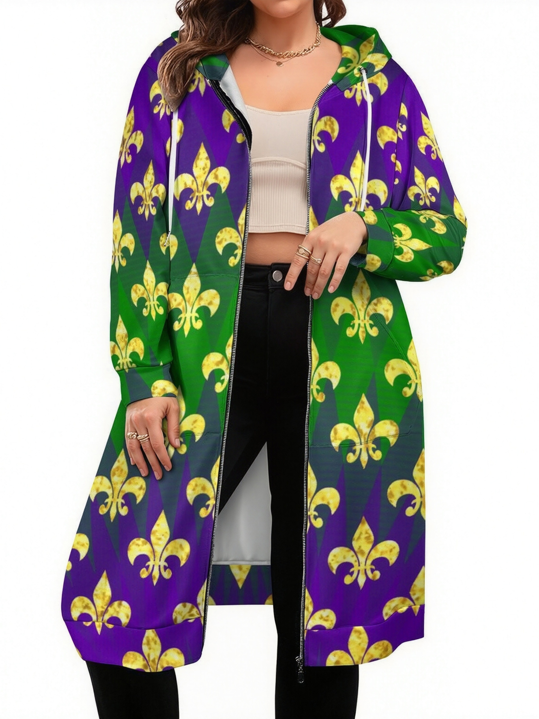 Funny Mardi Gras Pattern Zip Up Long Hoodie Jacket Coat Women Tunic Sweatshirt Loose Plus Size Open Front Cardigan Outfits