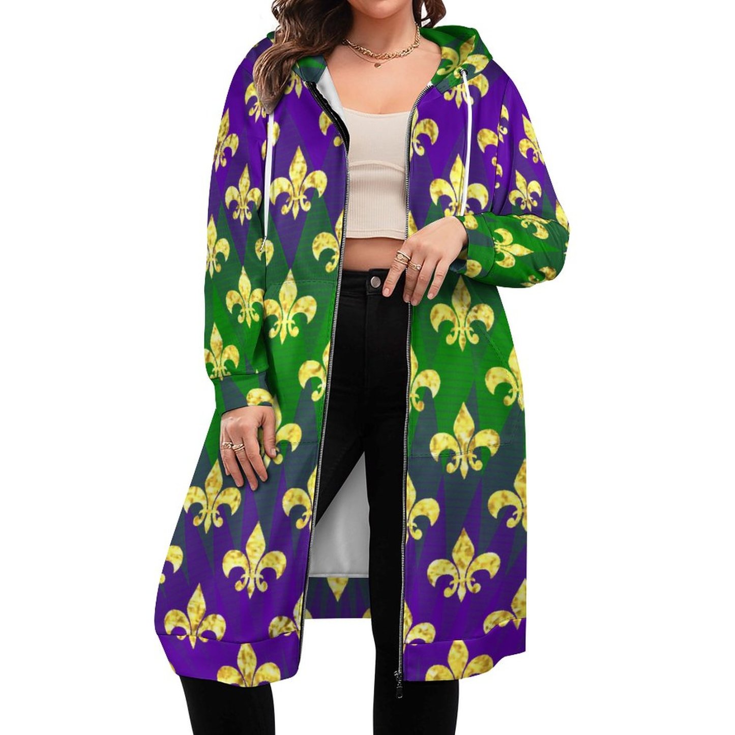 Funny Mardi Gras Pattern Zip Up Long Hoodie Jacket Coat Women Tunic Sweatshirt Loose Plus Size Open Front Cardigan Outfits