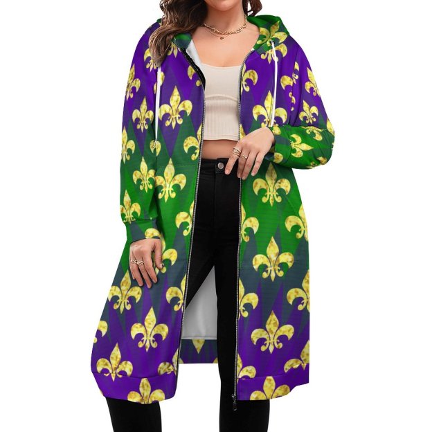 Funny Mardi Gras Pattern Zip Up Long Hoodie Jacket Coat Women Tunic Sweatshirt Loose Plus Size Open Front Cardigan Outfits