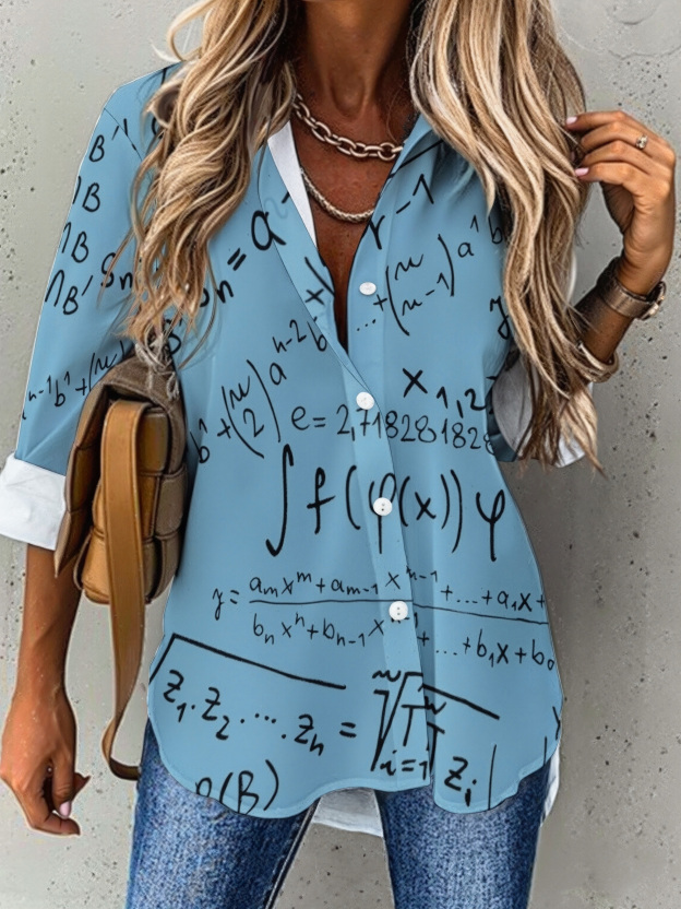 Math Geek Mathematics Problem Solving Button Down V Neck Shirts Long Sleeve Blouse Roll Up Cuffed Sleeve Casual Shirt Tops