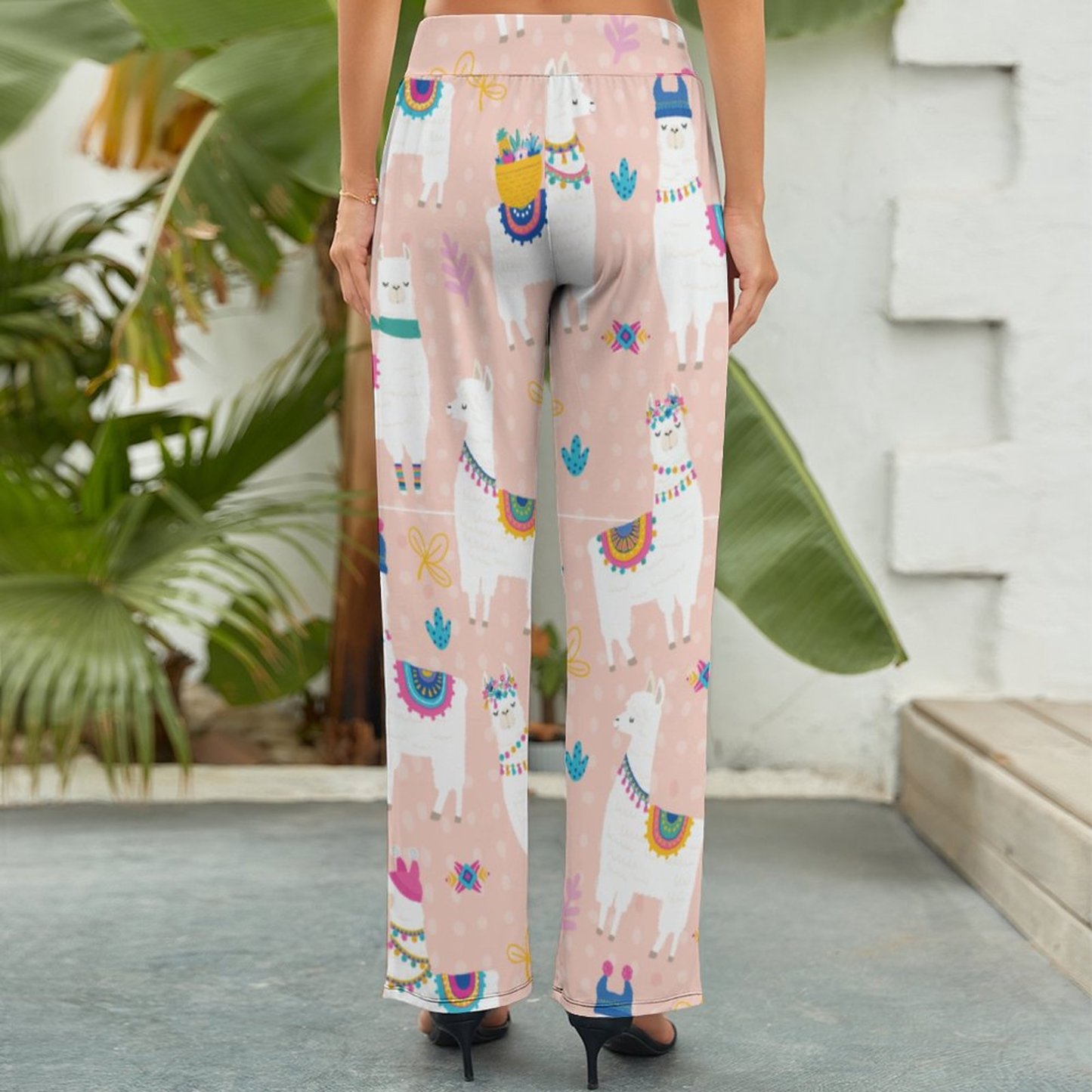 Llama Llama Cute Llama Printed Women's High Waist Wide Leg Long Palazzo Lounge Pants-Charlylifestyle