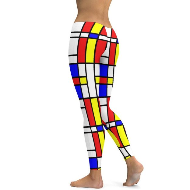 Initials Piet Mondrian Style Modern Art Printed Womens High Waist Workout Leggings Thin Fit Gym Yoga Pants