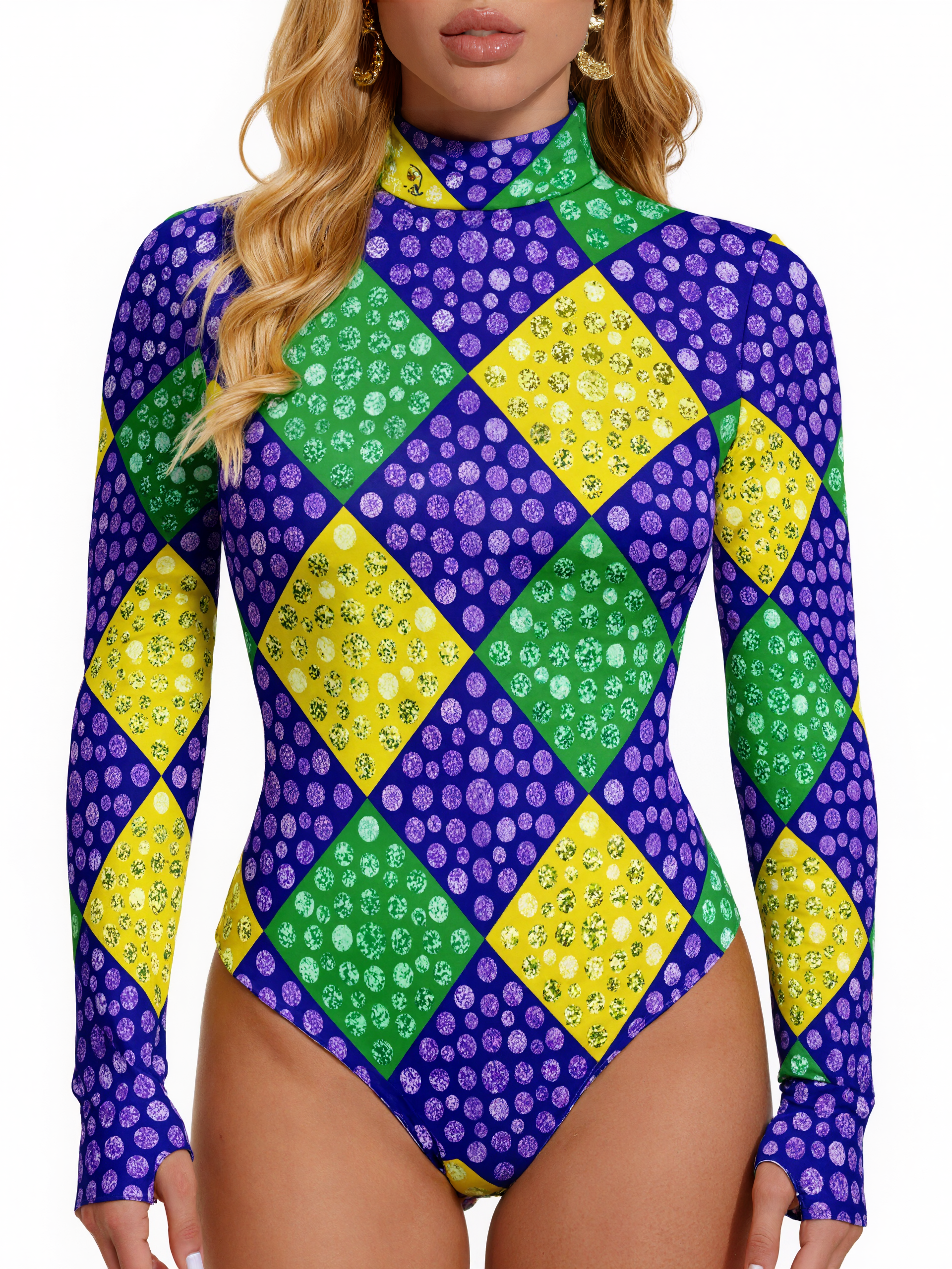 Mardi Gras Harlequin Diamond Carnival Women Mock Turtle Neck Long Sleeve Tops Bodysuit Slim Fit Body Suit Basic Jumpsuit