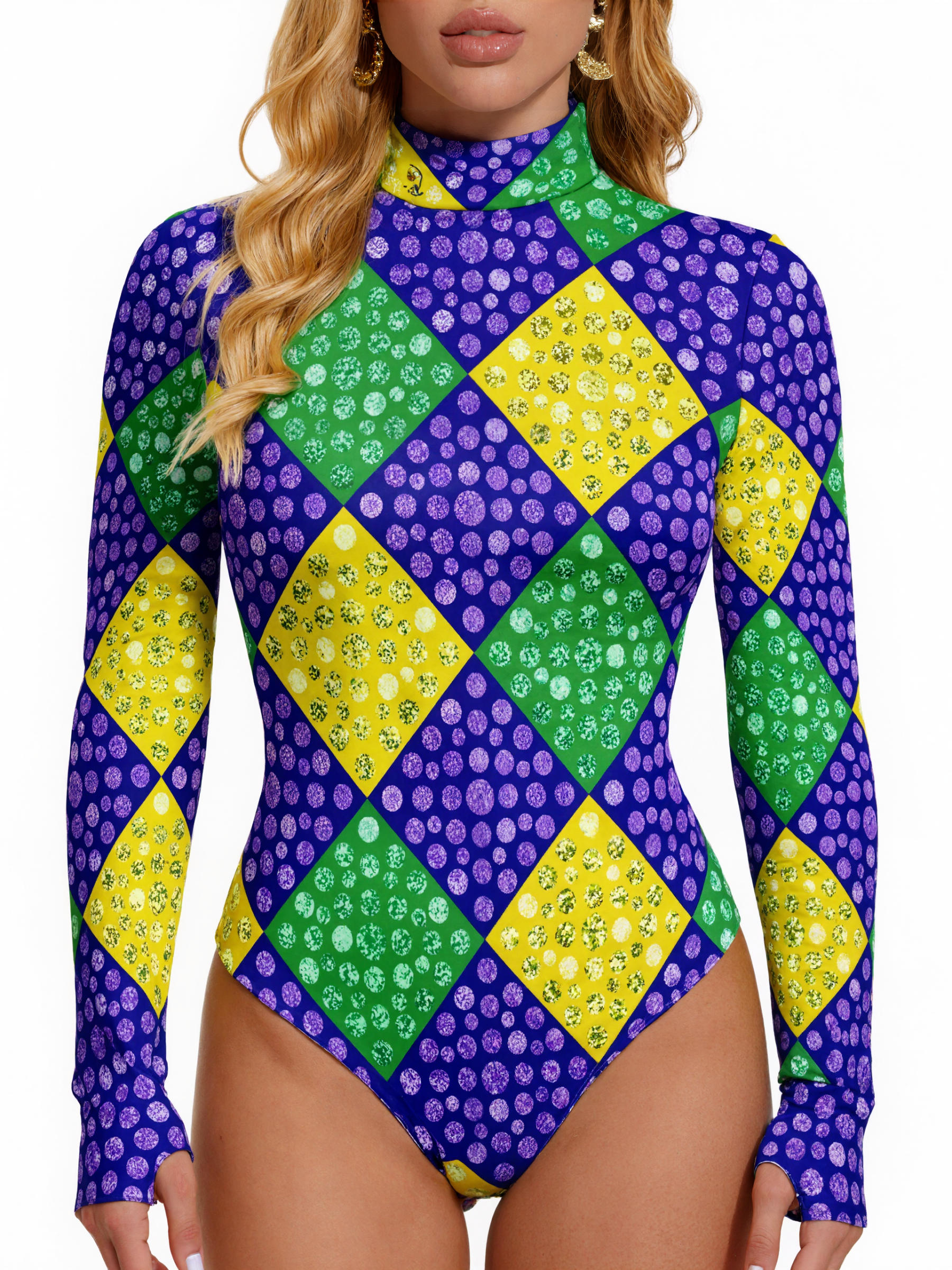 Mardi Gras Harlequin Diamond Carnival Women Mock Turtle Neck Long Sleeve Tops Bodysuit Slim Fit Body Suit Basic Jumpsuit