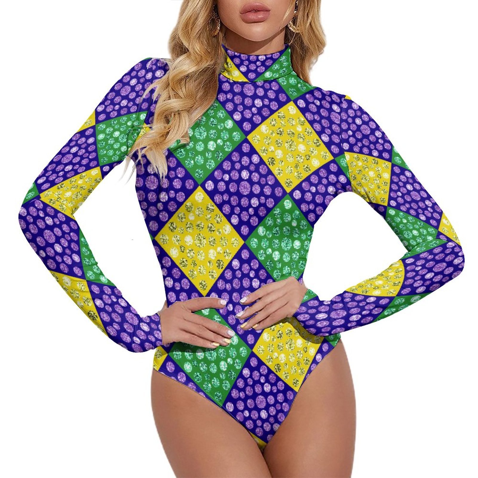 Mardi Gras Harlequin Diamond Carnival Women Mock Turtle Neck Long Sleeve Tops Bodysuit Slim Fit Body Suit Basic Jumpsuit