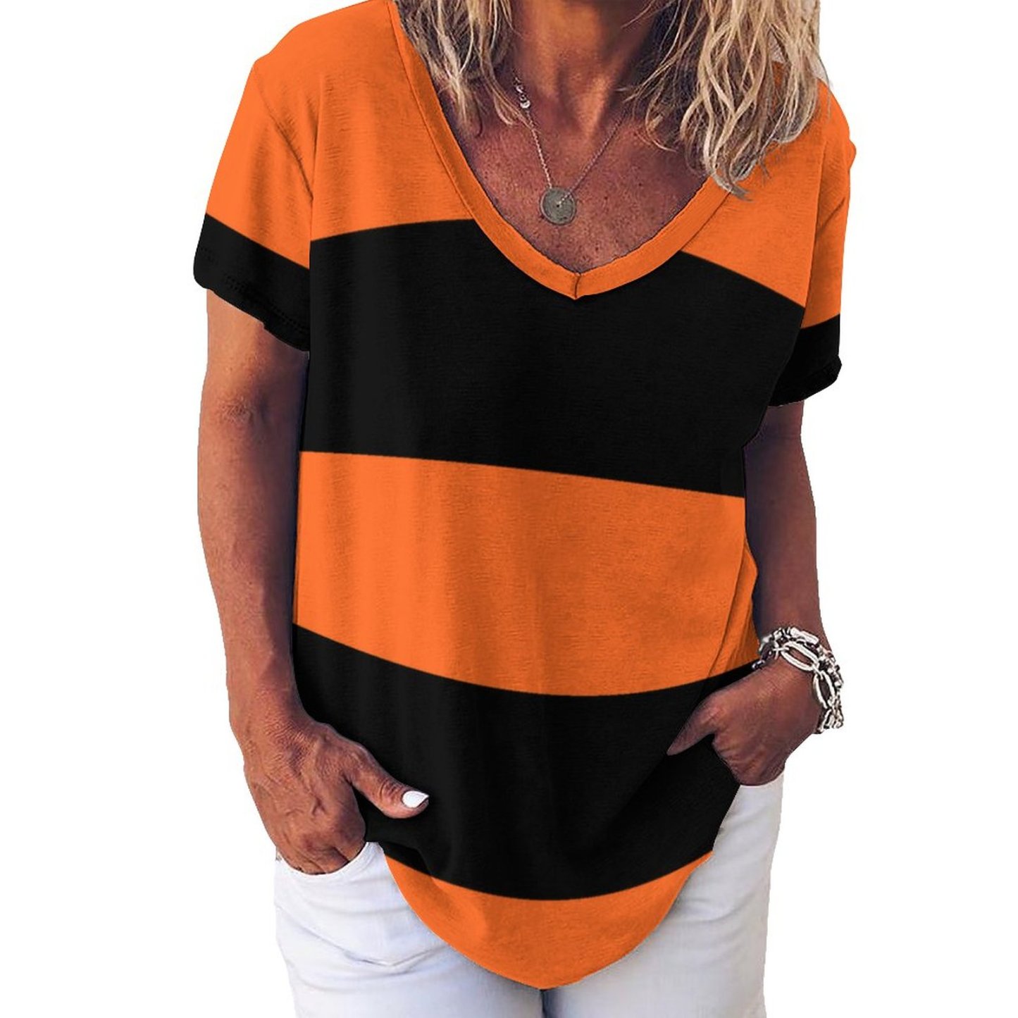S-4XL Orange And Black Stripe Halloween Women T Shirts Basic V-Neck Tee Loose Vintage Fitting Oversize Short Sleeve Tops-Charlylifestyle