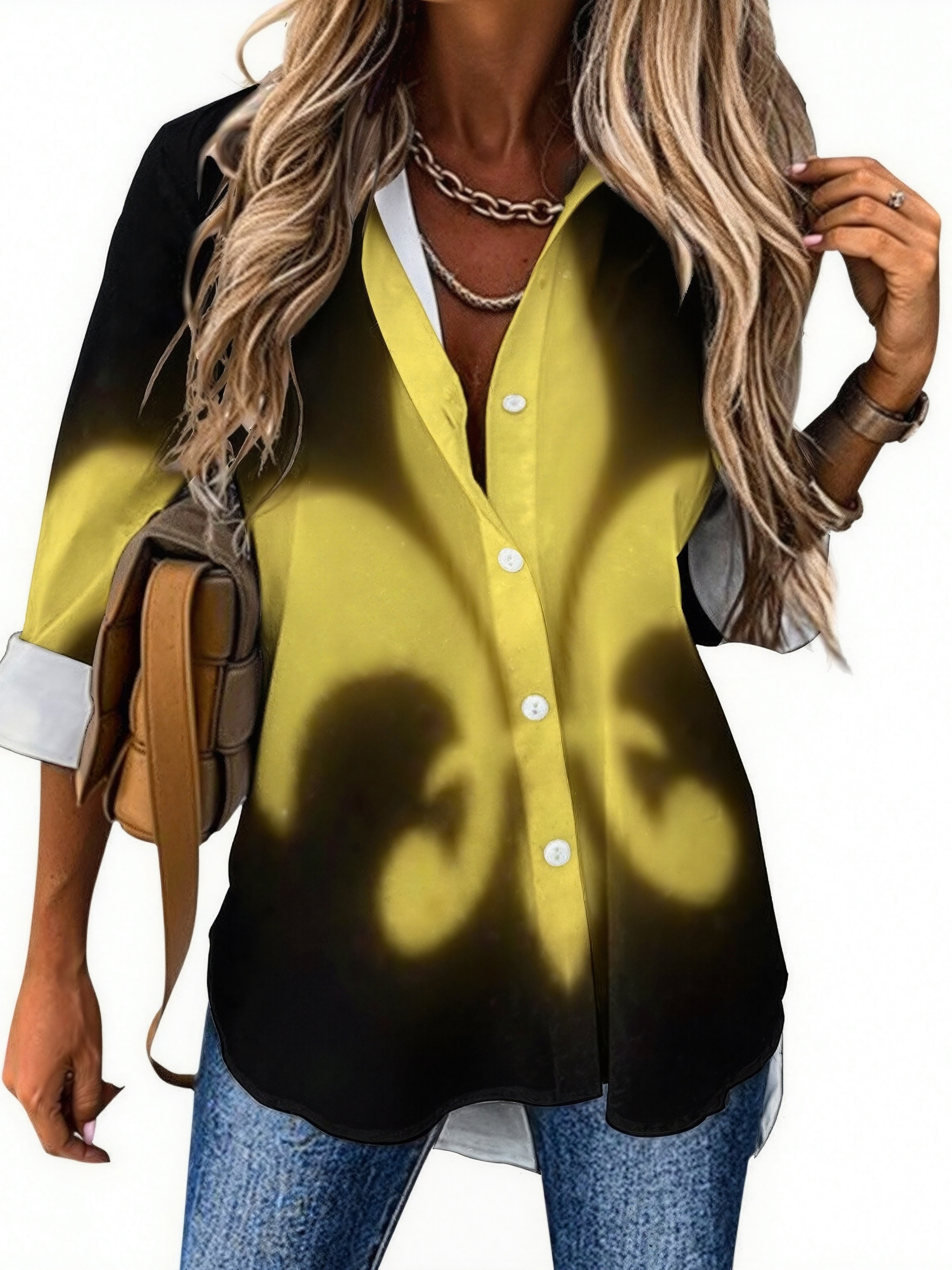 Mardi Gras Fleur De Lis Button Down V Neck Shirts Long Sleeve Blouse Roll Up Cuffed Sleeve Casual Shirt Tops
