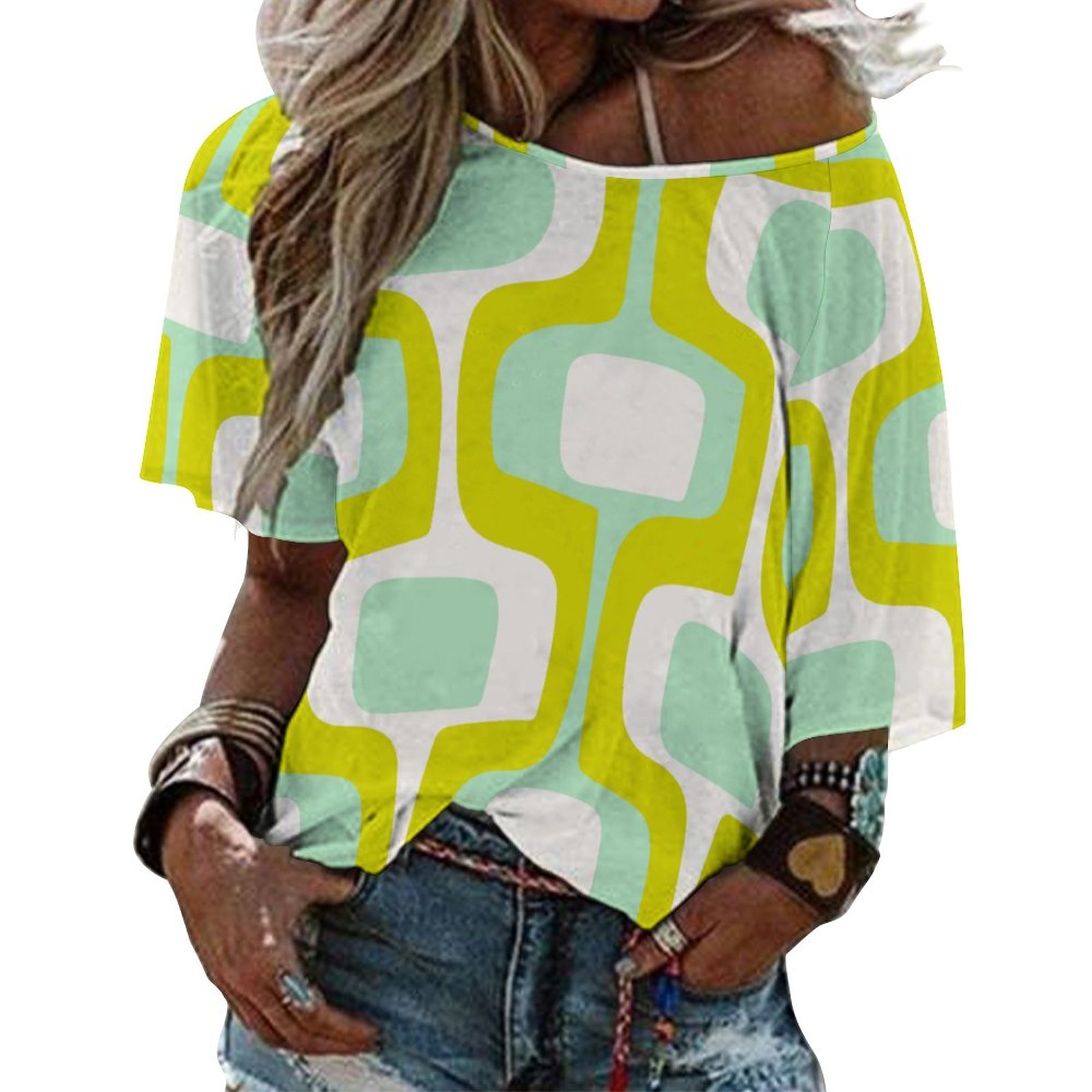 Mint And Chartreuse Mid Century Modern 3/4 Bell Sleeve T-Shirt Elbow Length Basic Tunics Tops for Women-Charlylifestyle