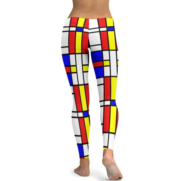 Initials Piet Mondrian Style Modern Art Printed Womens High Waist Workout Leggings Thin Fit Gym Yoga Pants