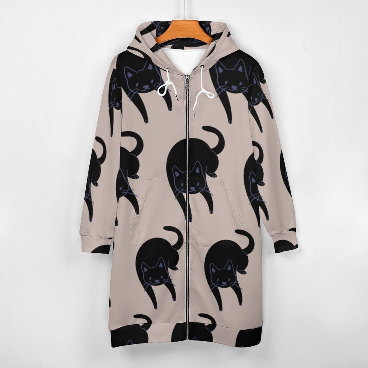 Kitty Voices Black Cat Zip Up Long Hoodie Jacket Coat Women Tunic Sweatshirt Loose Plus Size Open Front Cardigan Outfits