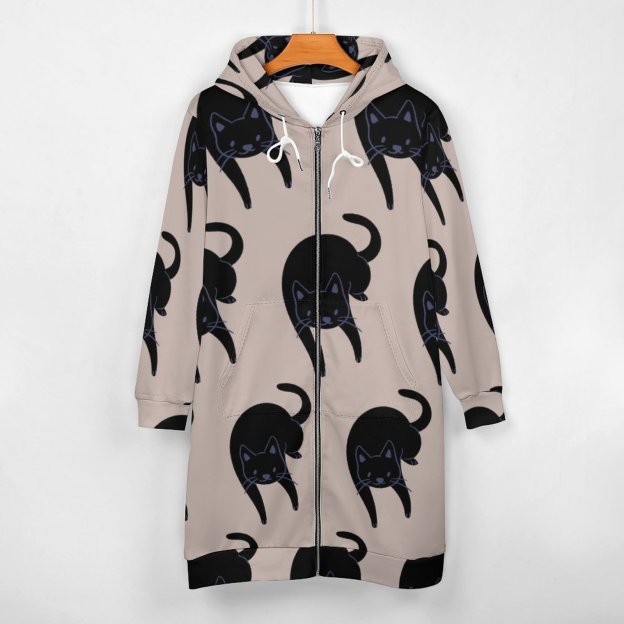 Kitty Voices Black Cat Zip Up Long Hoodie Jacket Coat Women Tunic Sweatshirt Loose Plus Size Open Front Cardigan Outfits