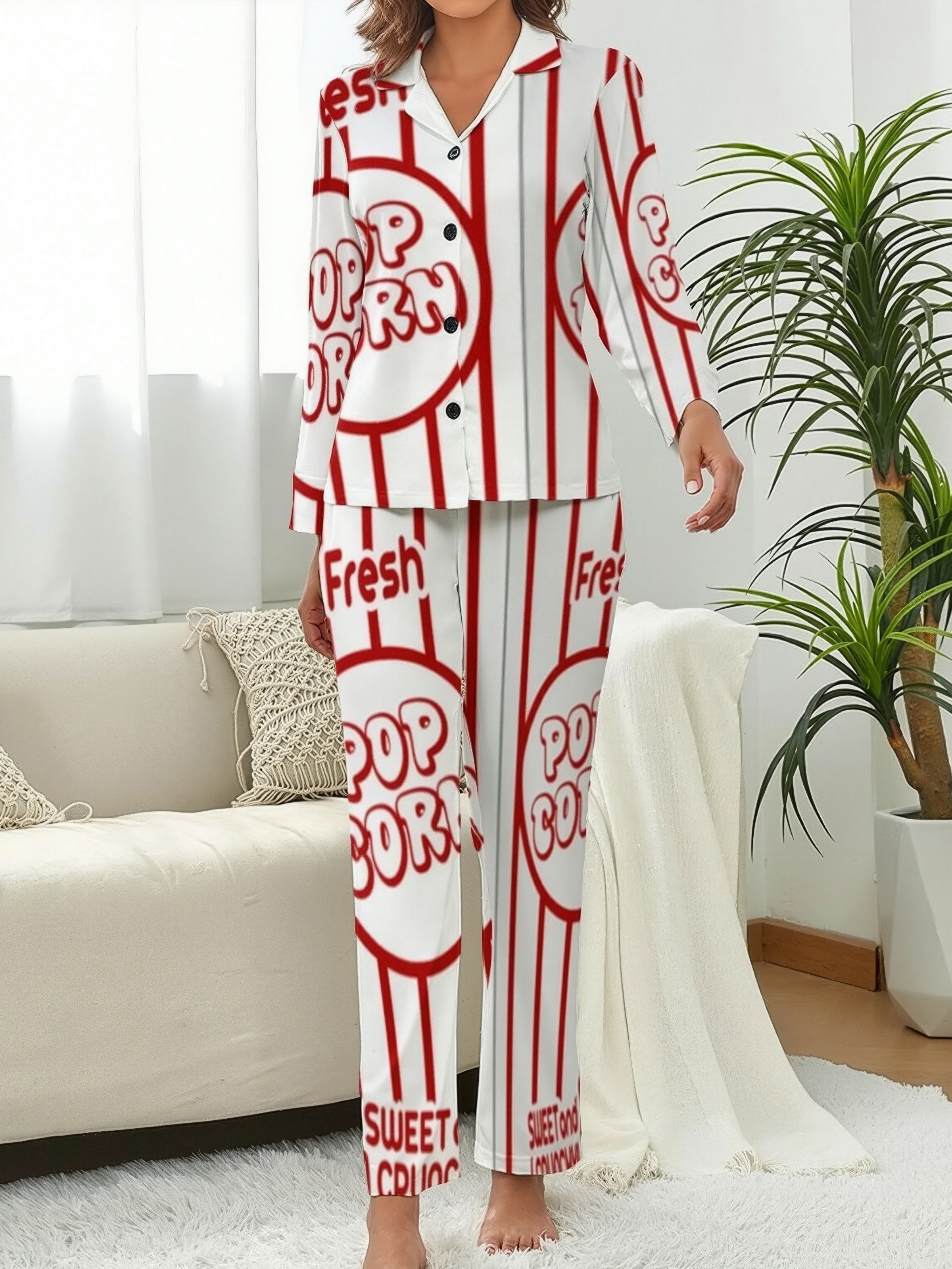 Funny Vintage Movie Popcorn Women Long Sleeve Two Piece Sleepwear Soft Button Down Loungewear Pjs Set Nightwear
