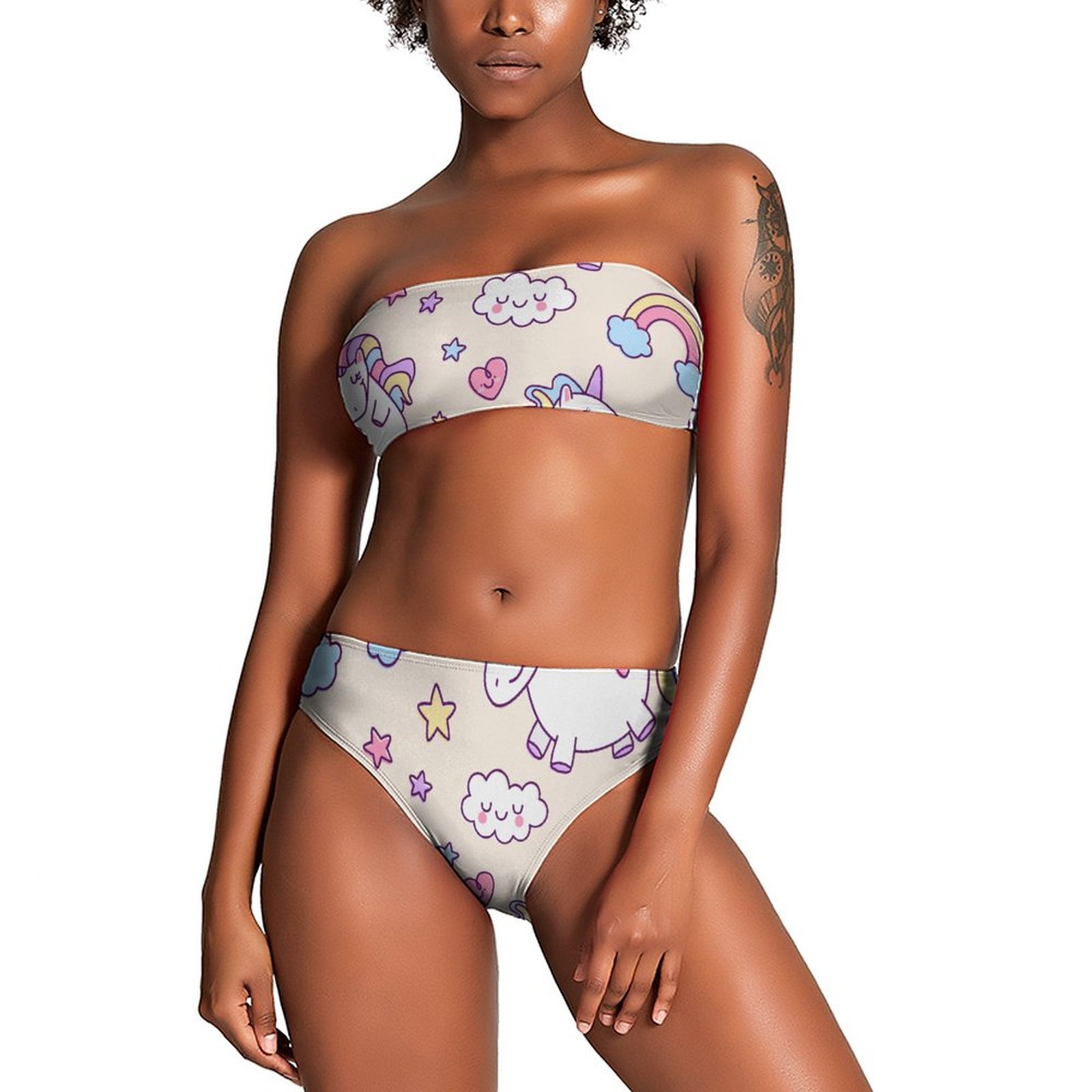 Kawaii Chubby Flying Unicorns Rainbow 2 Piece Bikini Swimsuit Women Wireless High Waist Bathing Suit