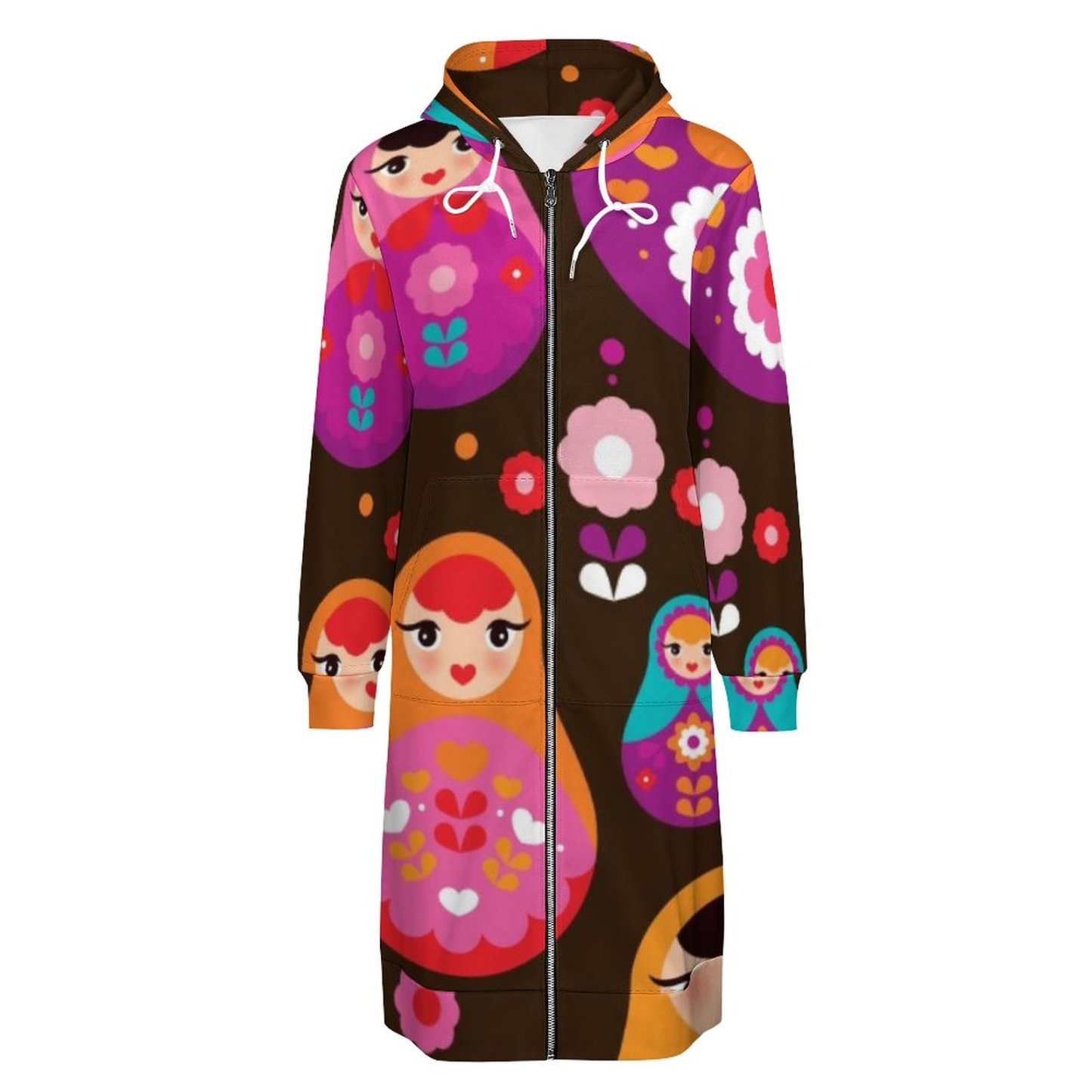 Matryoshka Russian Doll Zip Up Long Hoodie Jacket Coat Women Tunic Sweatshirt Loose Plus Size Open Front Cardigan Outfits