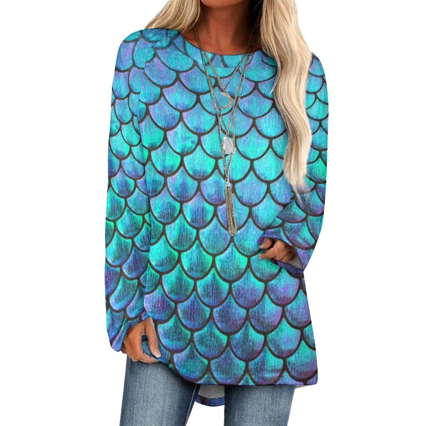 Mermaid Fish Scale Printed Crew Neck Round Hem Loose T-Shirt Women Raglan Sleeve Pullover Sweatshirts Plus Size Tops