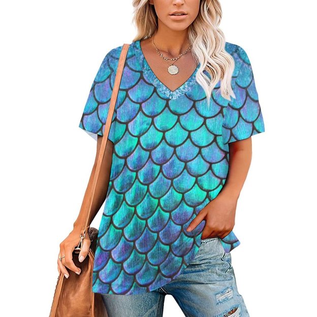 Personalized Mermaid Fish Scale Full Print T Shirts - Custom WomenShort Sleeve Loose Hippie Tunic Tops