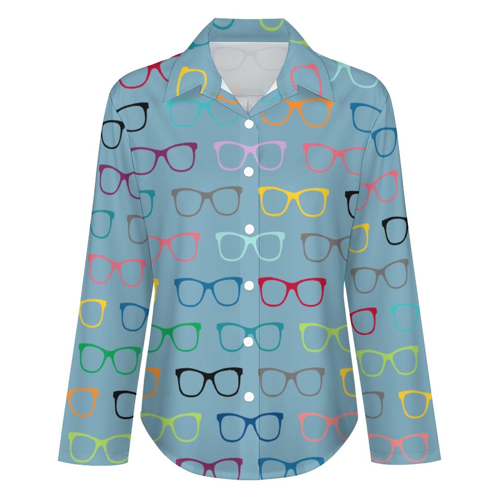 Multi Color Eyeglasses Button Down V Neck Shirts Long Sleeve Turn Down Blouse Roll Up Cuffed Sleeve Casual Shirt Tops