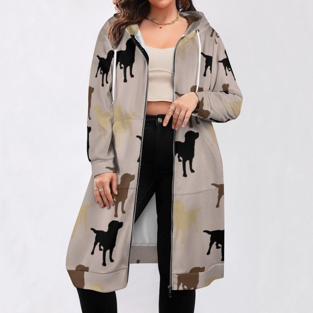 Labrador Retriever Dog Silhouette Zip Up Long Hoodie Jacket Women Tunic Sweatshirt Plus Size Open Front Cardigan Outfits