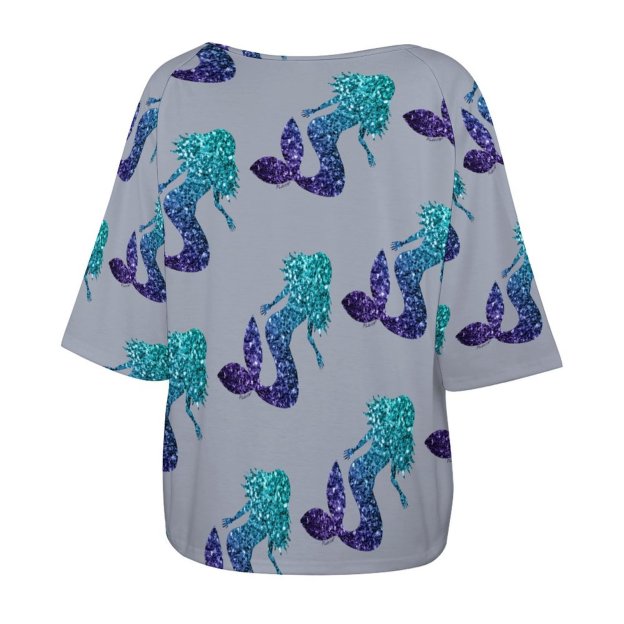 S-5XL Mermaid Aqua Blue Ombre Sparkles O Neck Batwing Half Sleeve Shirts Women Loose Street Blouse Print Tops-Charlylifestyle