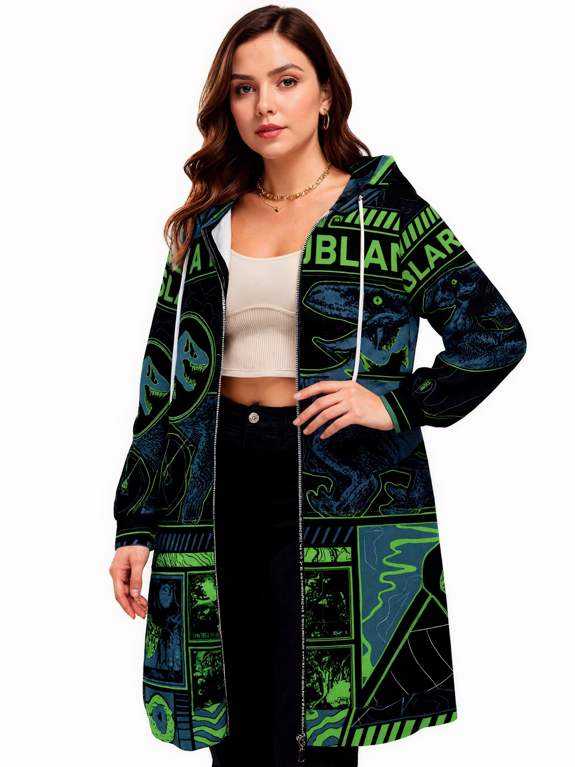 Jurassic World Black Tracker Zip Up Long Hoodie Jacket Coat Women Tunic Sweatshirt Plus Size Open Front Cardigan Outfits
