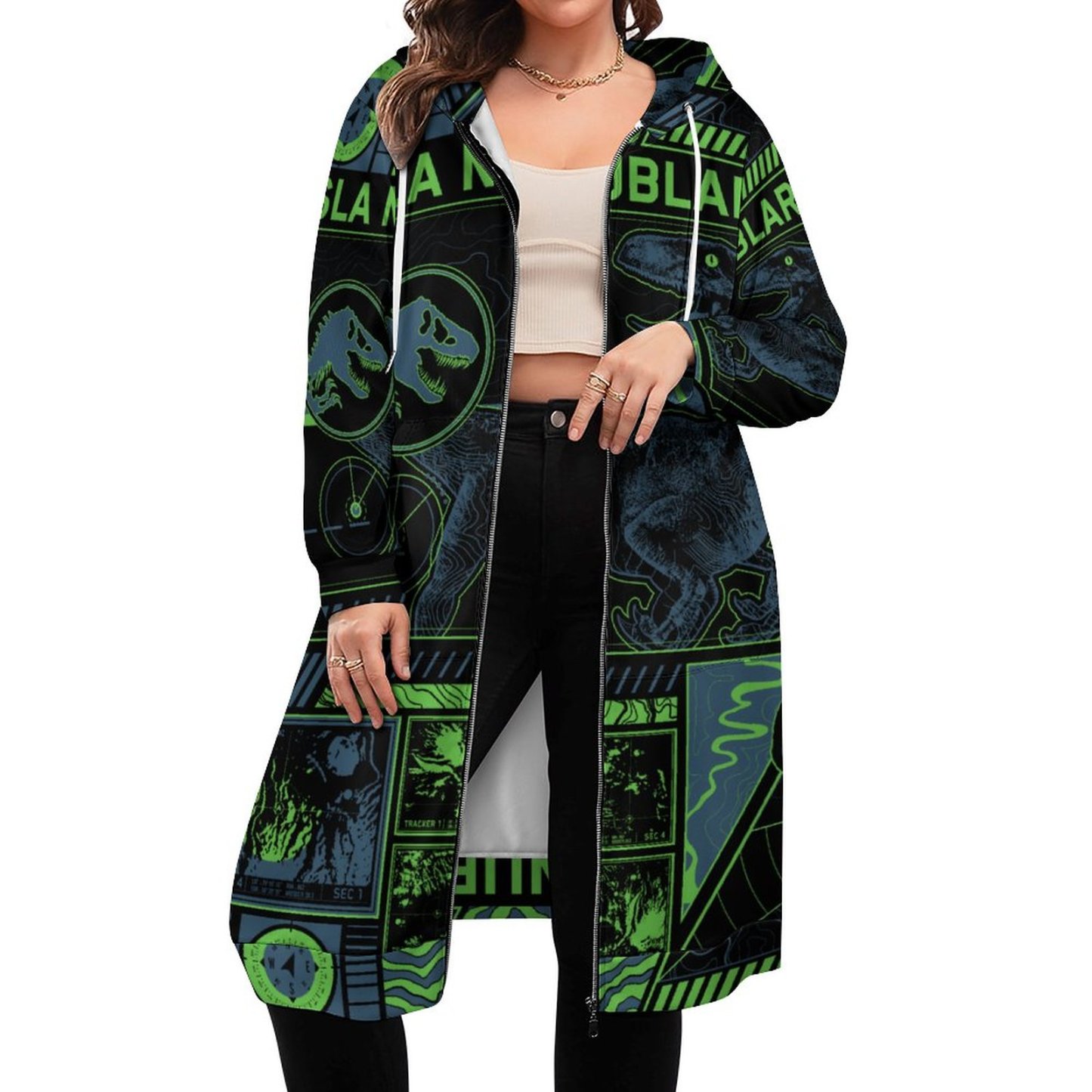 Jurassic World Black Tracker Zip Up Long Hoodie Jacket Coat Women Tunic Sweatshirt Plus Size Open Front Cardigan Outfits
