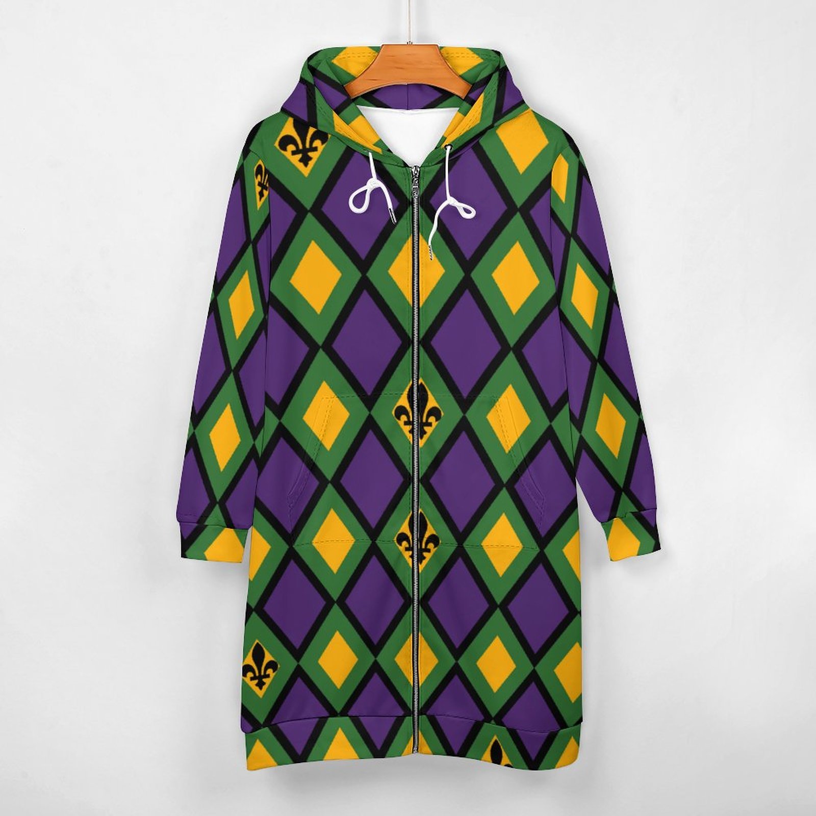 Mardi Gras Diamond Zip Up Long Hoodie Jacket Coat Women Tunic Sweatshirt Loose Plus Size Open Front Cardigan Outfits