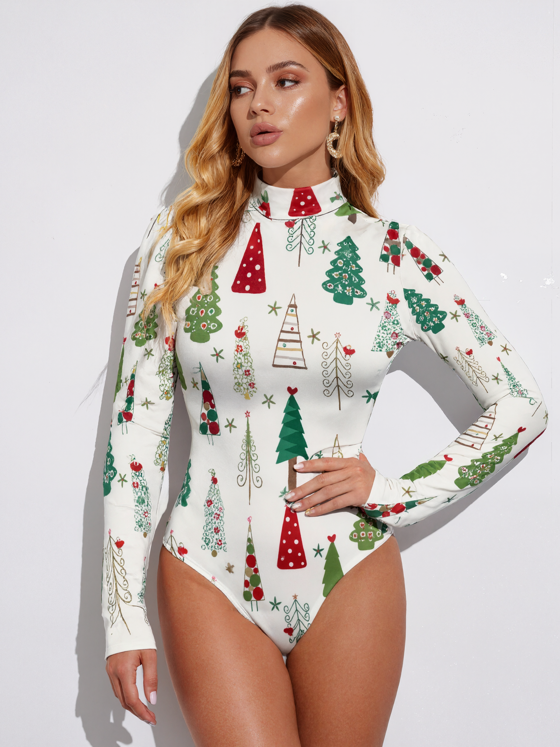 Modern Minimalist Christmas Tree Women Mock Turtle Neck Long Sleeve Tops Bodysuit Slim Fit Body Suit Basic T Shirts Jumpsuit
