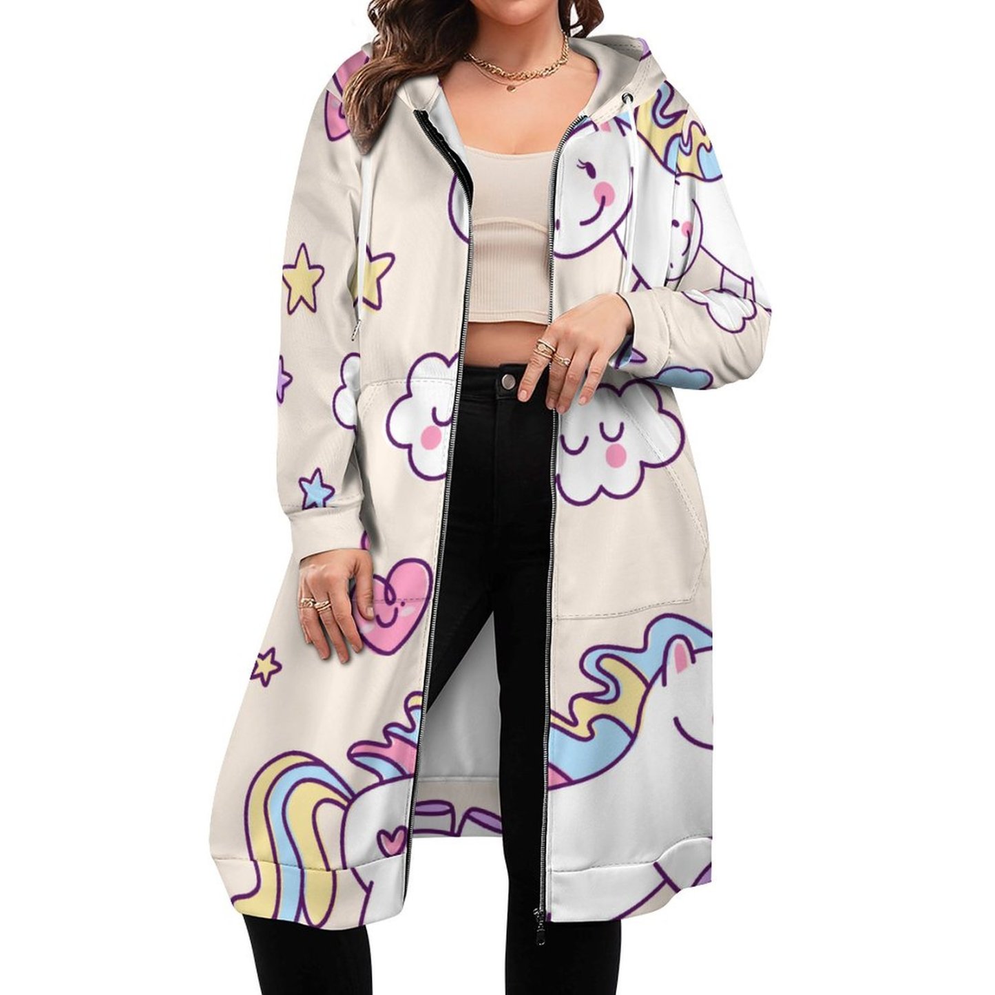 Kawaii Chubby Flying Unicorns Rainbow Zip Up Long Hoodie Jacket Women Tunic Sweatshirt Plus Size Open Front Cardigan Outfits