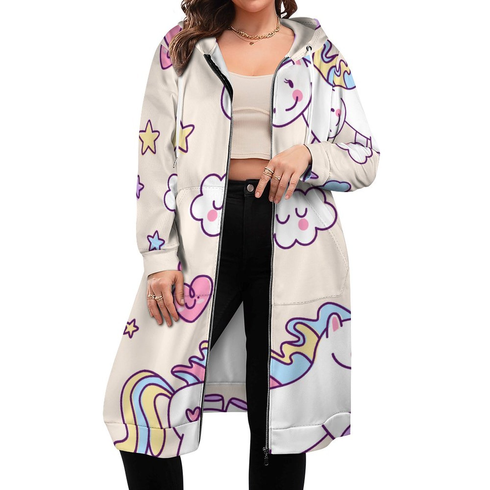 Kawaii Chubby Flying Unicorns Rainbow Zip Up Long Hoodie Jacket Women Tunic Sweatshirt Plus Size Open Front Cardigan Outfits