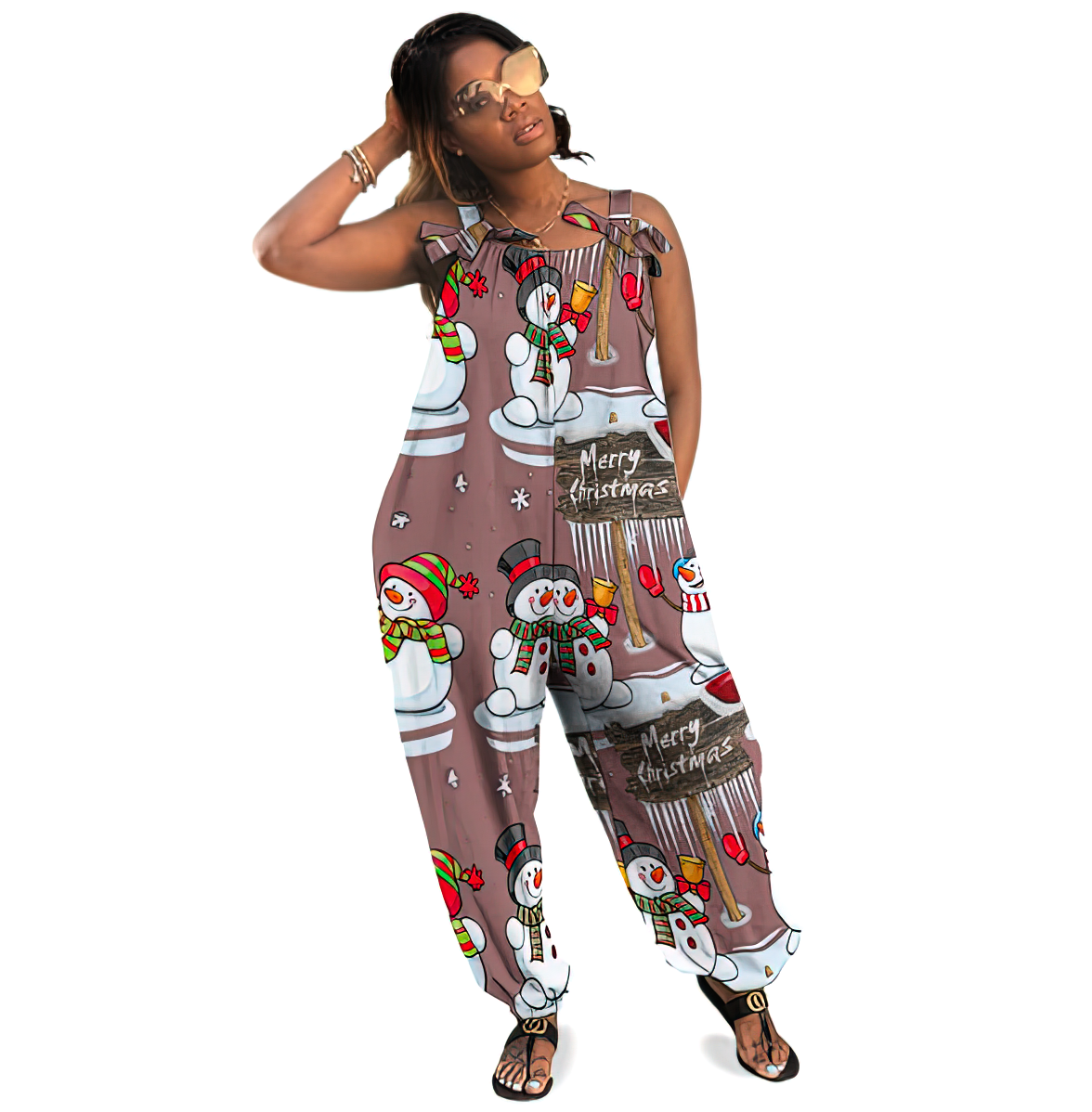 Personalized Women Merry Christmas Snowman Santa Hat Baggy Harem Overall Jumpsuit