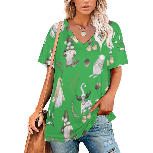 Modern Gray Neutral Gnome Womens Summer Casual T Shirts Boho Full Print Short Sleeve Loose Hippie Tunic Tops-Charlylifestyle