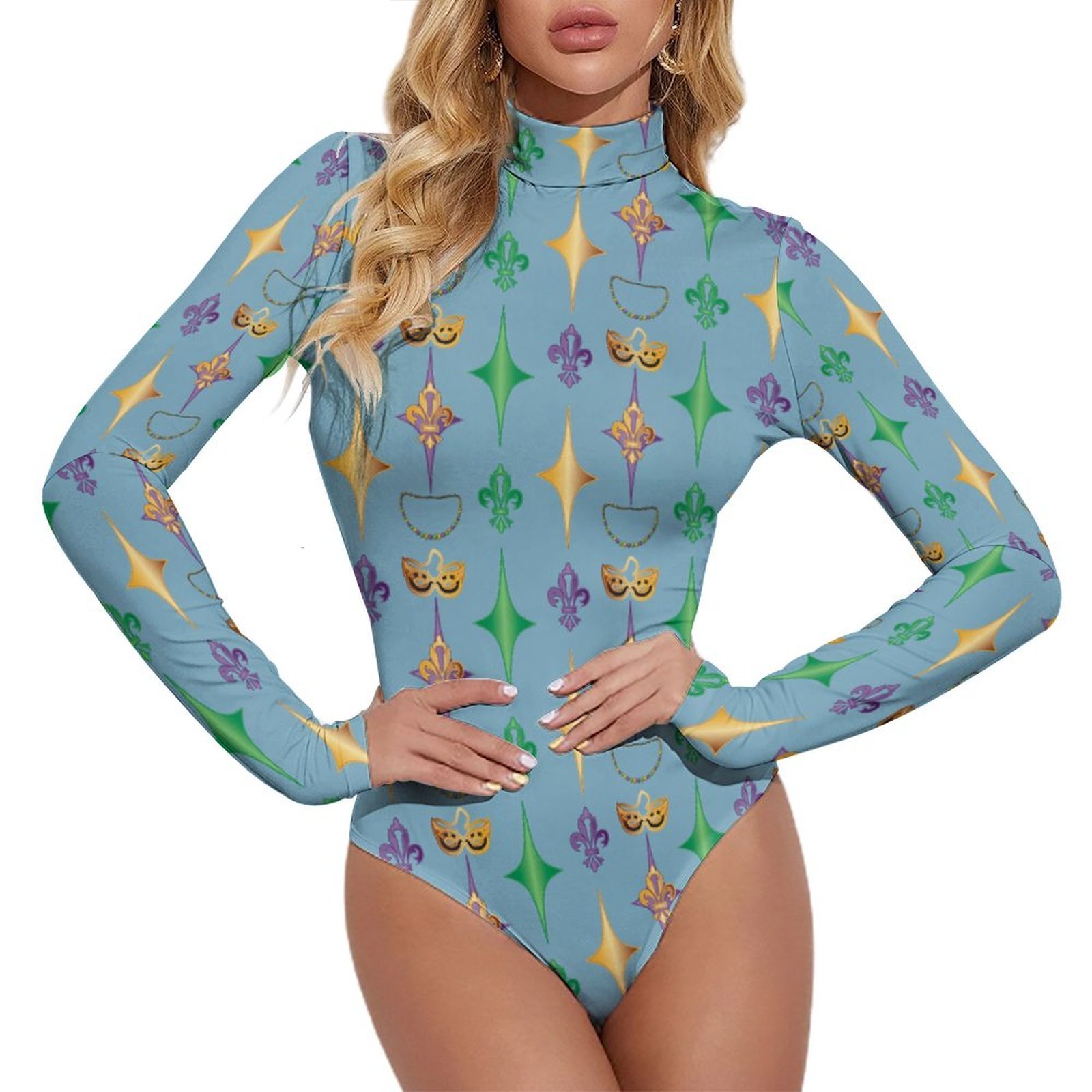 Mardi Gras Festival Harlequins Fleurdelis Women Mock Turtle Neck Long Sleeve Tops Bodysuit Slim Fit Body Suit Basic Jumpsuit