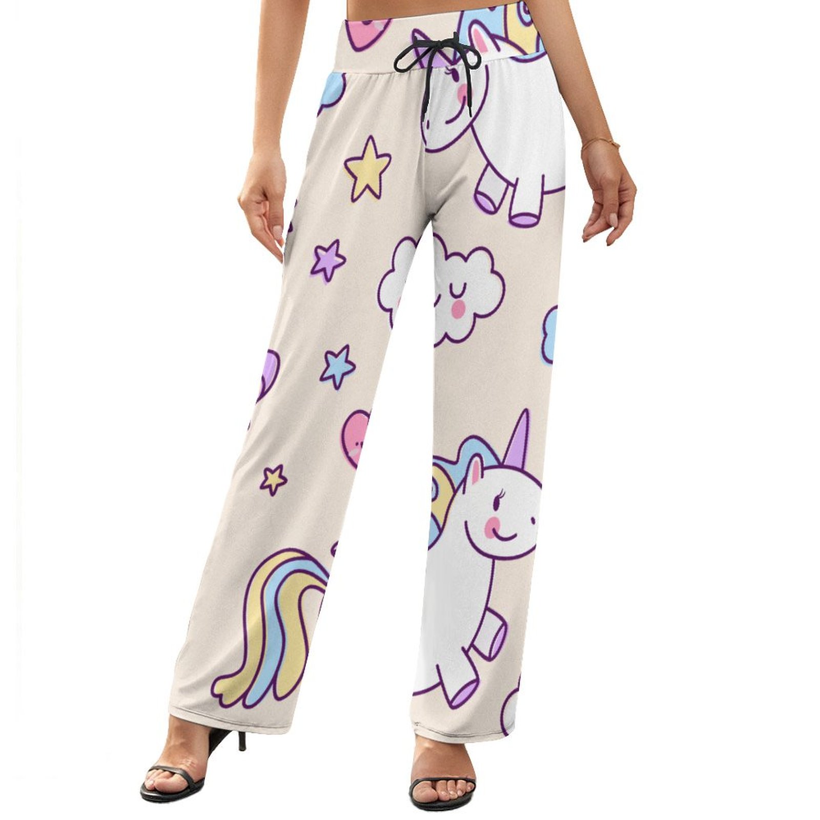 Kawaii Chubby Flying Unicorns Rainbow Printed Women's High Waist Wide Leg Long Palazzo Lounge Pants-Charlylifestyle