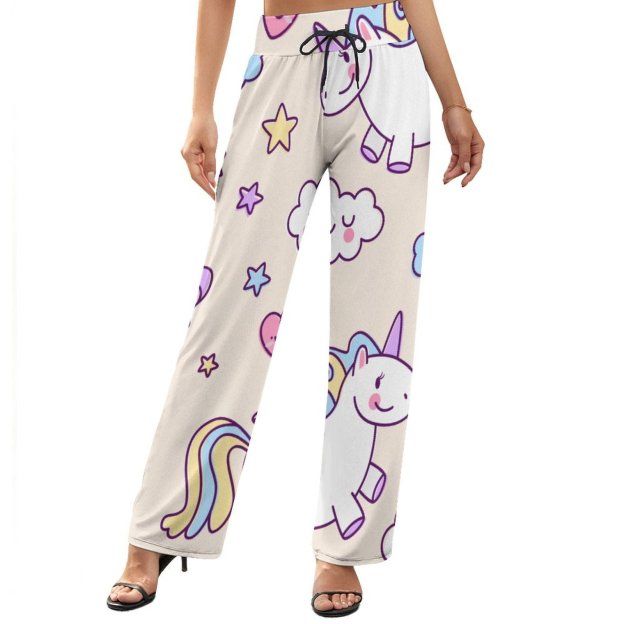 Kawaii Chubby Flying Unicorns Rainbow Printed Women's High Waist Wide Leg Long Palazzo Lounge Pants-Charlylifestyle