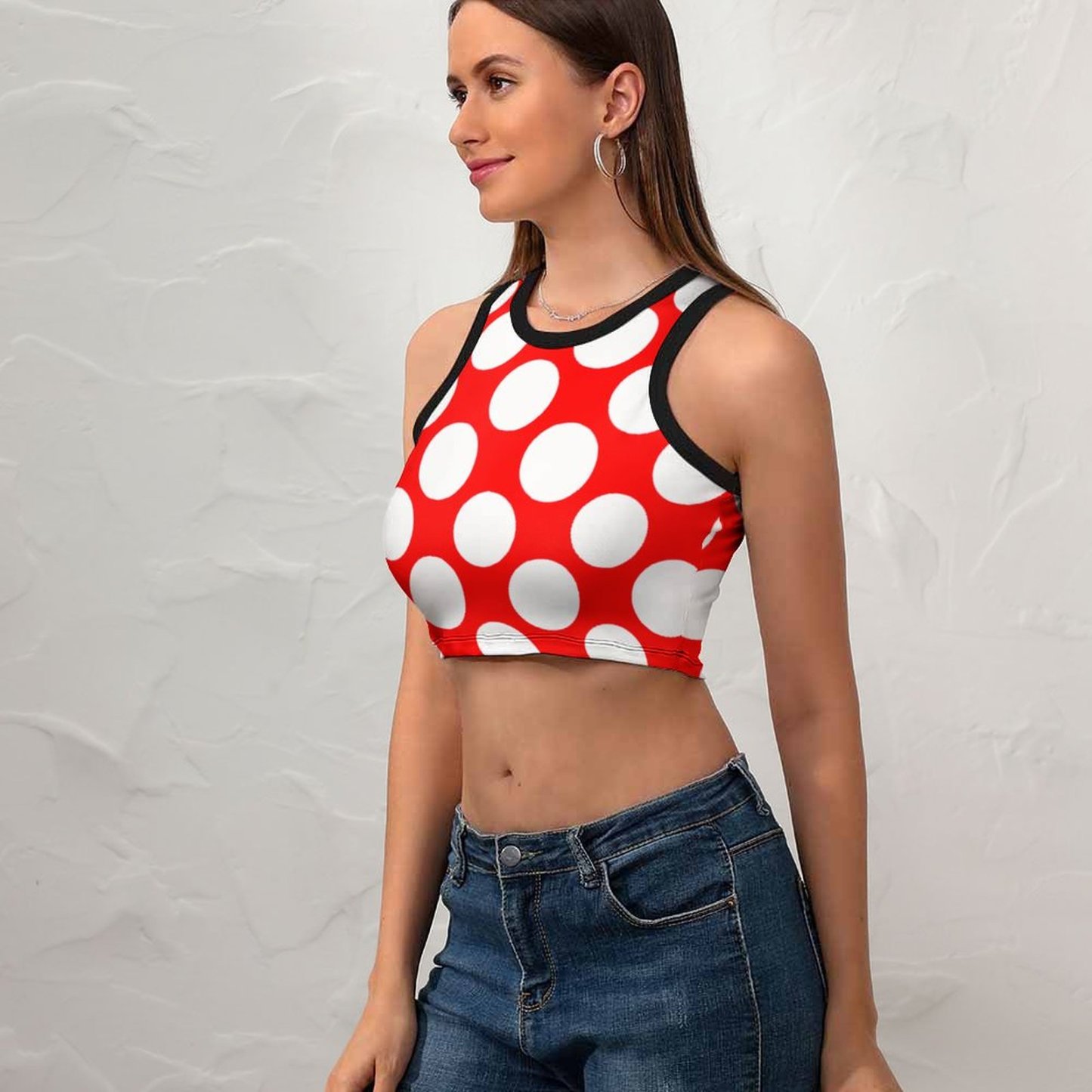 Summer Modern Bright Red White Polka Dots Women's Sexy Sleeveless Racer Back Tank Tops Halter Neck Crop Tops-Charlylifestyle
