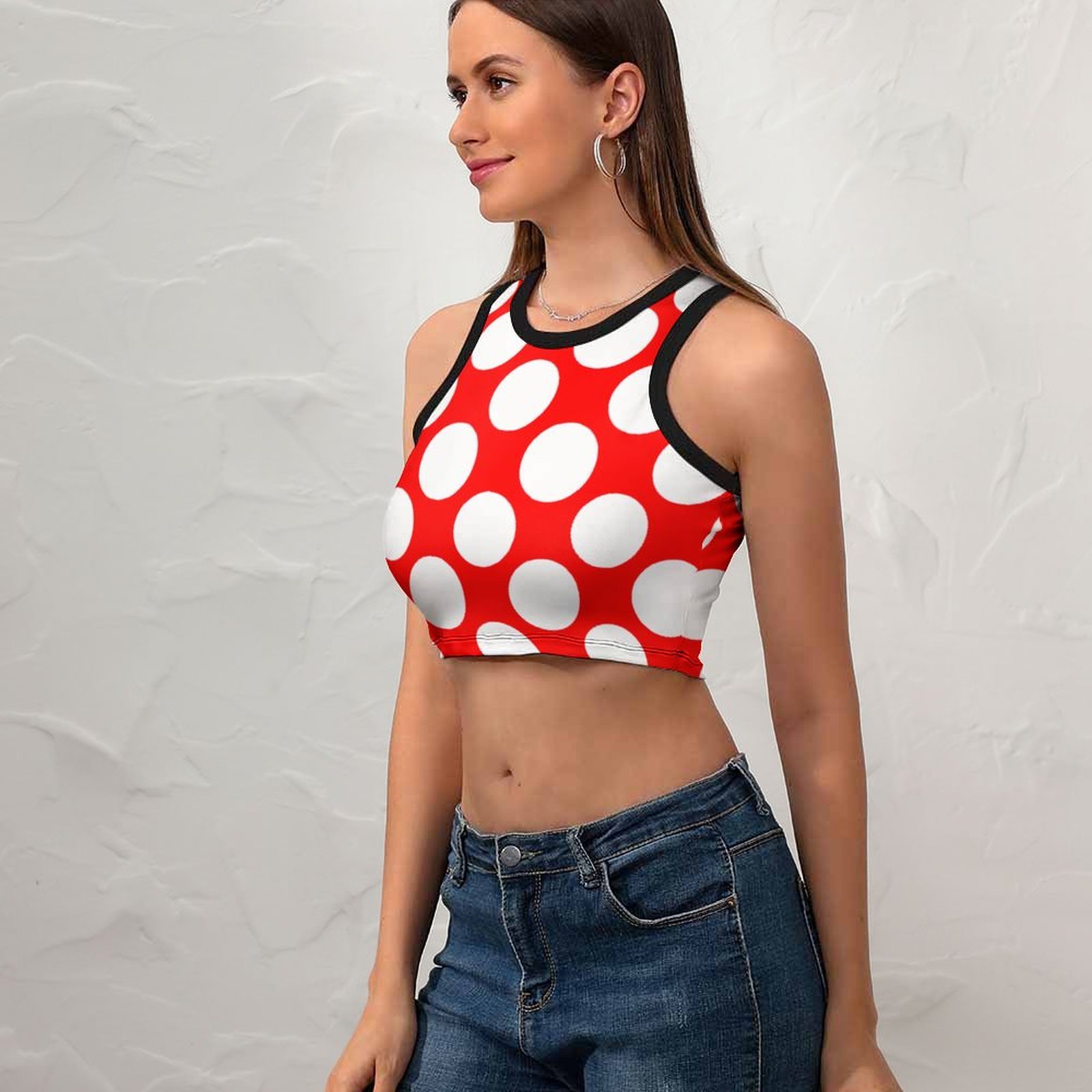 Summer Modern Bright Red White Polka Dots Women's Sexy Sleeveless Racer Back Tank Tops Halter Neck Crop Tops-Charlylifestyle