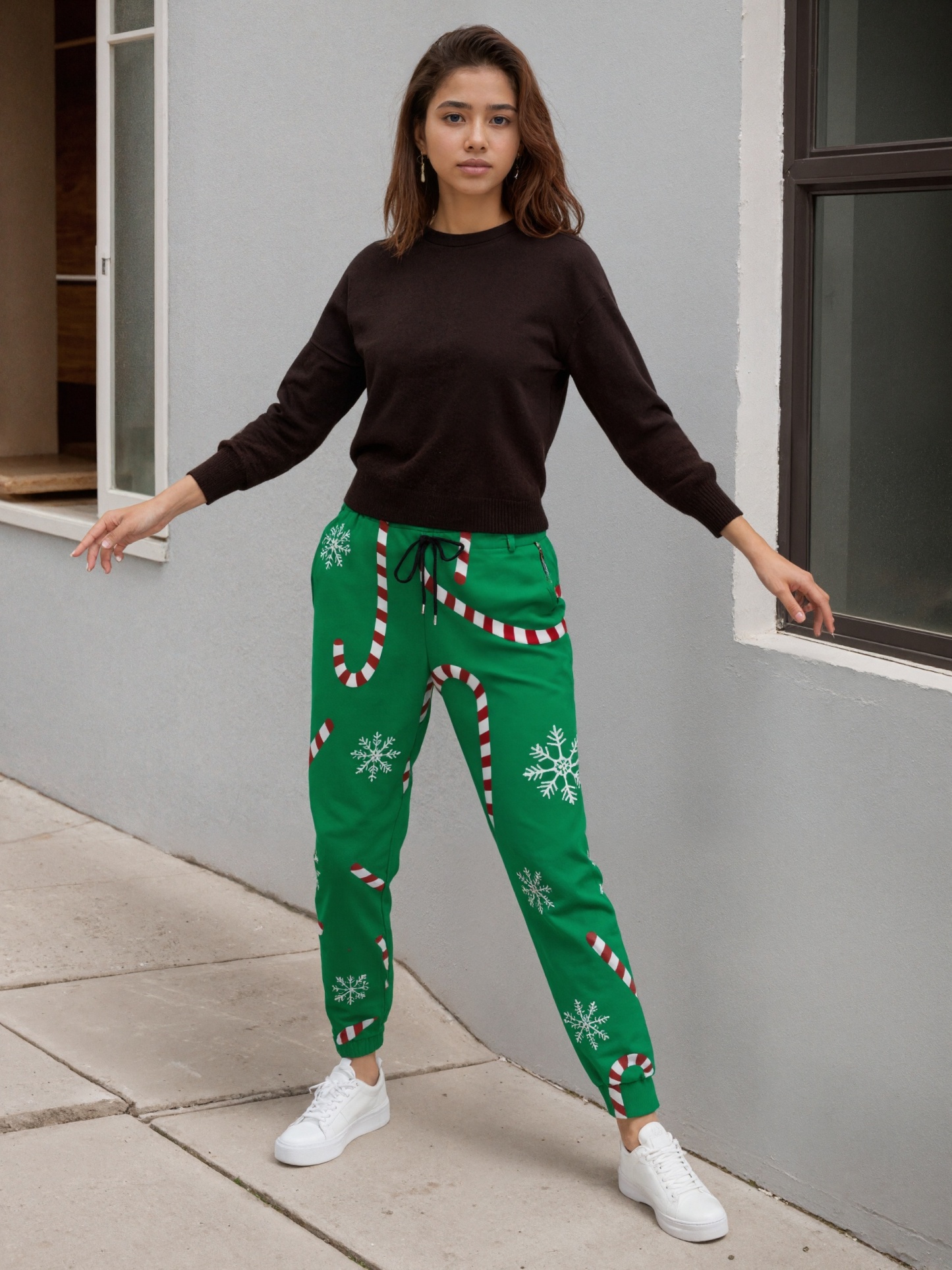 Modern Christmas Holiday Candy Cane Snow Women Drawstring Waist Sweatpants Casual Pockets tapered Joggers Pant