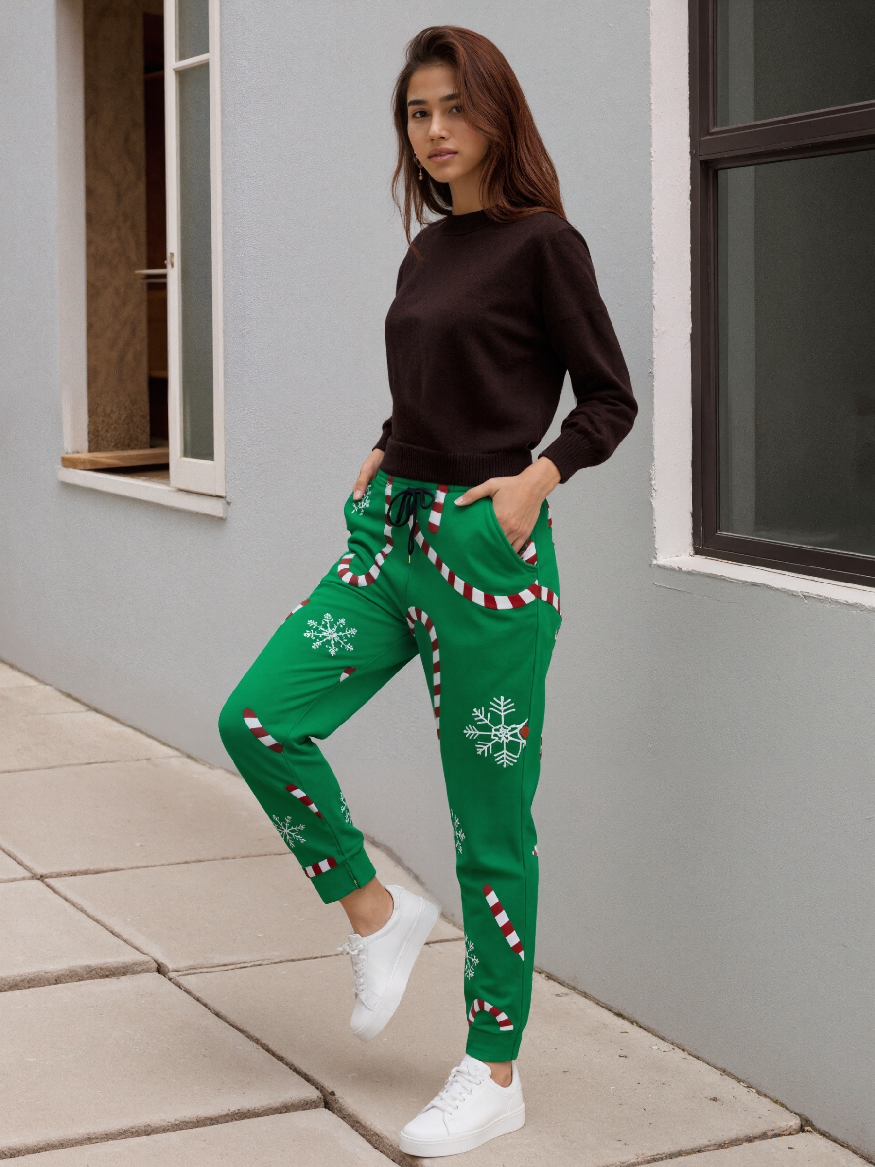Modern Christmas Holiday Candy Cane Snow Women Drawstring Waist Sweatpants Casual Pockets tapered Joggers Pant