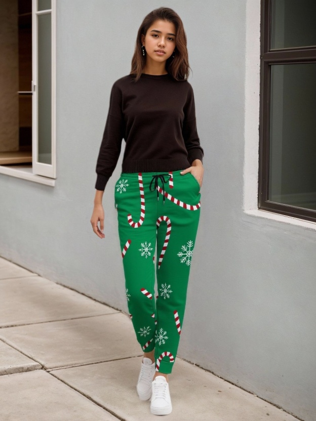 Modern Christmas Holiday Candy Cane Snow Women Drawstring Waist Sweatpants Casual Pockets tapered Joggers Pant