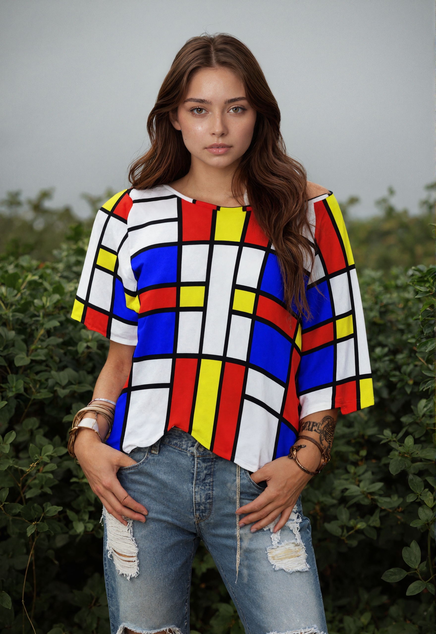 Initials Piet Mondrian Style Modern Art 3/4 Bell Sleeve T-Shirt Elbow Length Basic Tunics Tops for Women