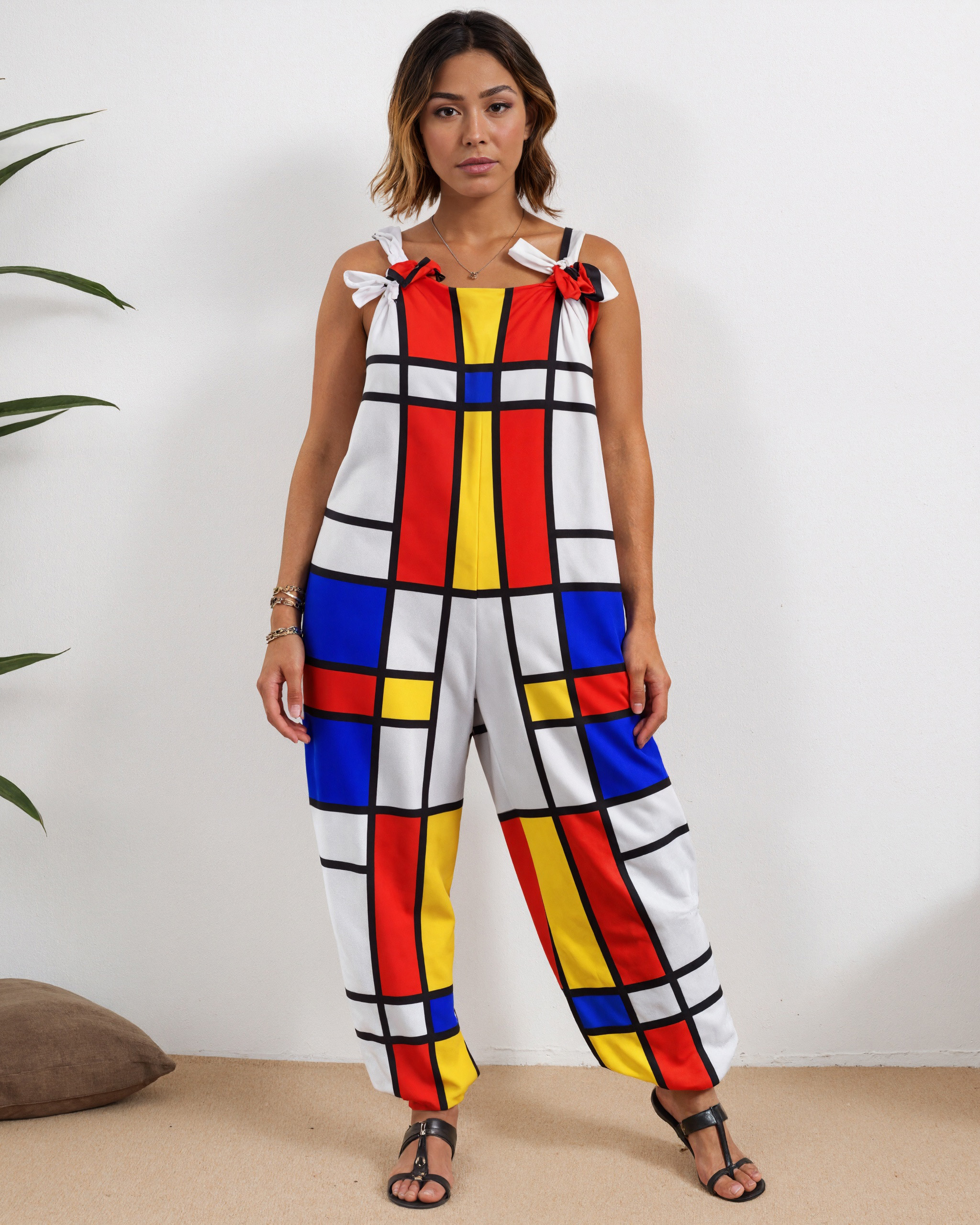 Women Initials Piet Mondrian Style Modern Art Print Loose Fit Baggy Harem Overall Jumpsuit Tie Spaghetti Strap Long Pants Rompers