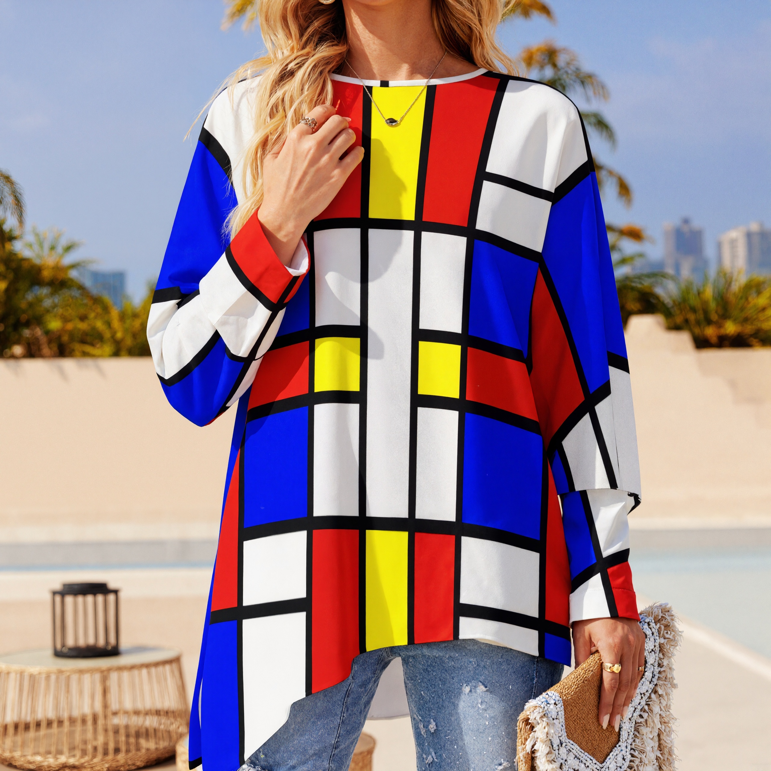 Initials Piet Mondrian Style Modern Art Plus Size Hanky Hem Tops for Women Tunic High Low Asymmetrical Shirt
