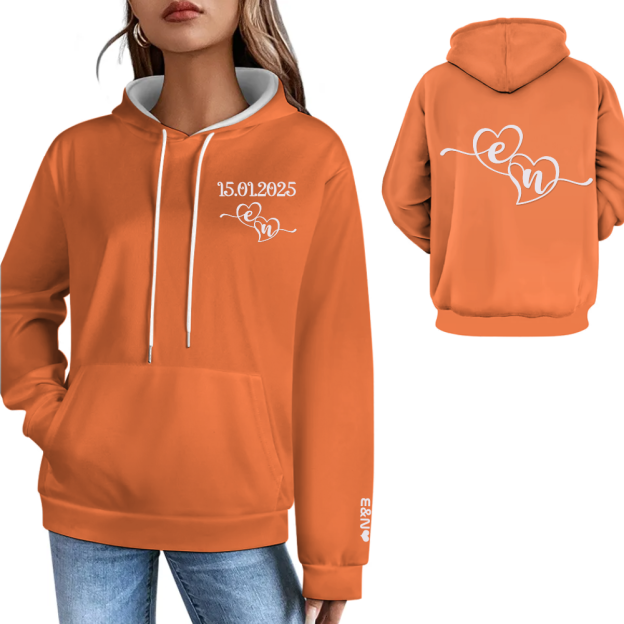 Custom Date Unisex Matching Couples Valentines Day Gift Personalized Anniversary Date Hoodie With Initials On Sleeve & Back