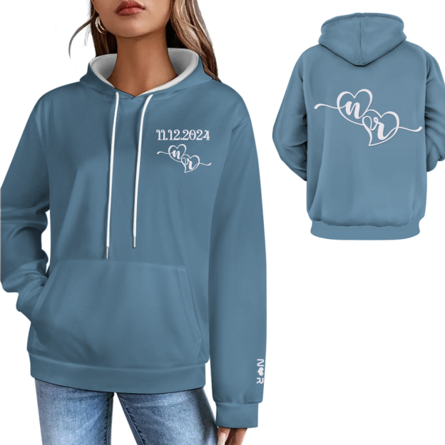 Custom Date Unisex Matching Couples Valentines Day Gift Personalized Anniversary Date Hoodie With Initials On Sleeve & Back