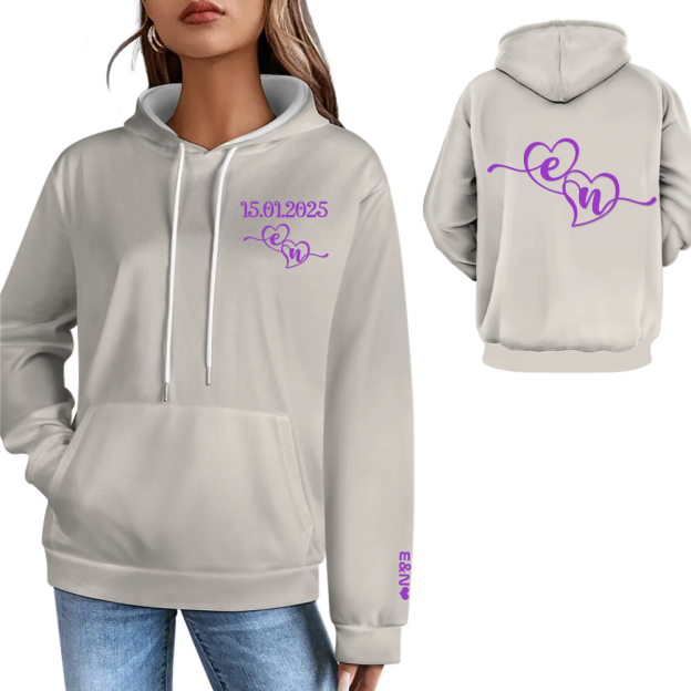 Custom Date Unisex Matching Couples Valentines Day Gift Personalized Anniversary Date Hoodie With Initials On Sleeve & Back