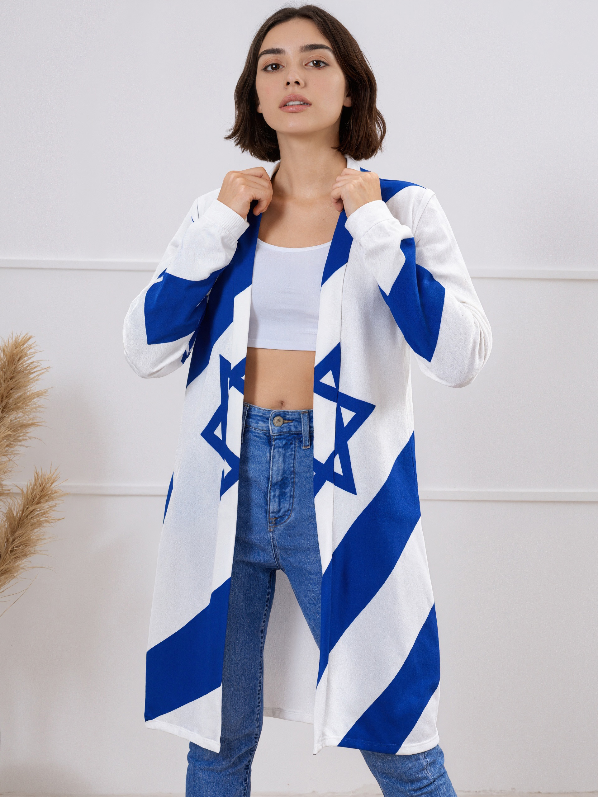S-2Xl Israelian Flag Of Israel Open Front Cardigans Women Printing Long Sleeve Lightweight Midi Duster Cardigan