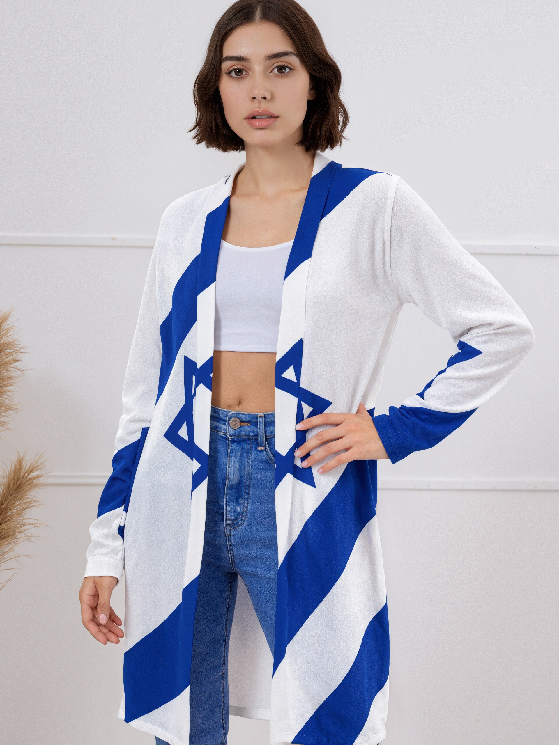 S-2Xl Israelian Flag Of Israel Open Front Cardigans Women Printing Long Sleeve Lightweight Midi Duster Cardigan